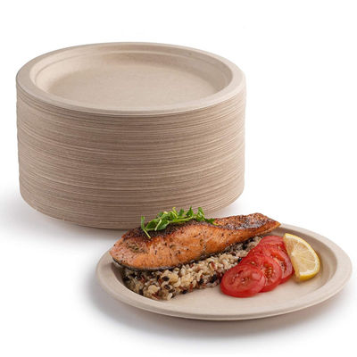 Disposable Surgacane Bagasse Pulp Round Food Plate 8.75 Inch In White And Nature Color