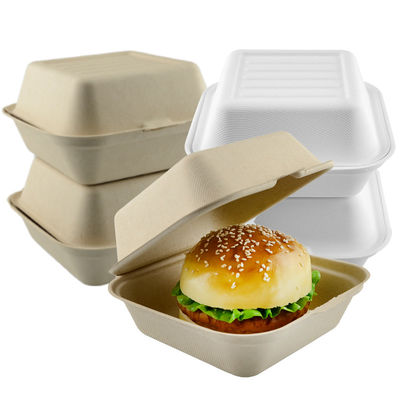 Bagasse Pulp Food Container Box for Fast Food Hamburg and Takeway Food 6 inch White or Nature